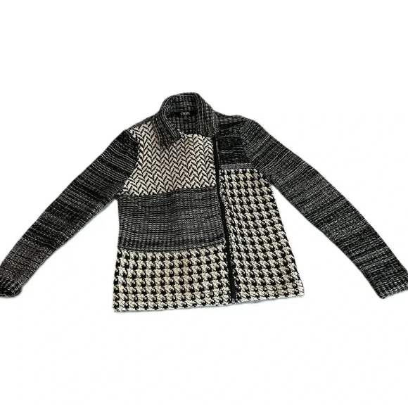 Chaps Womens Black White Patchwork Zip Up Sweater Jacket Long Sleeve Collared MP - Picture 1 of 8